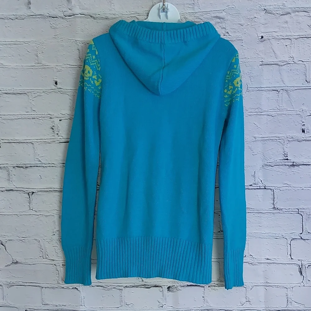 Fair Isle Knit Skull Derek Heart Blue Green Hoodie Sweater L Large Y2K - Picture 2 of 8